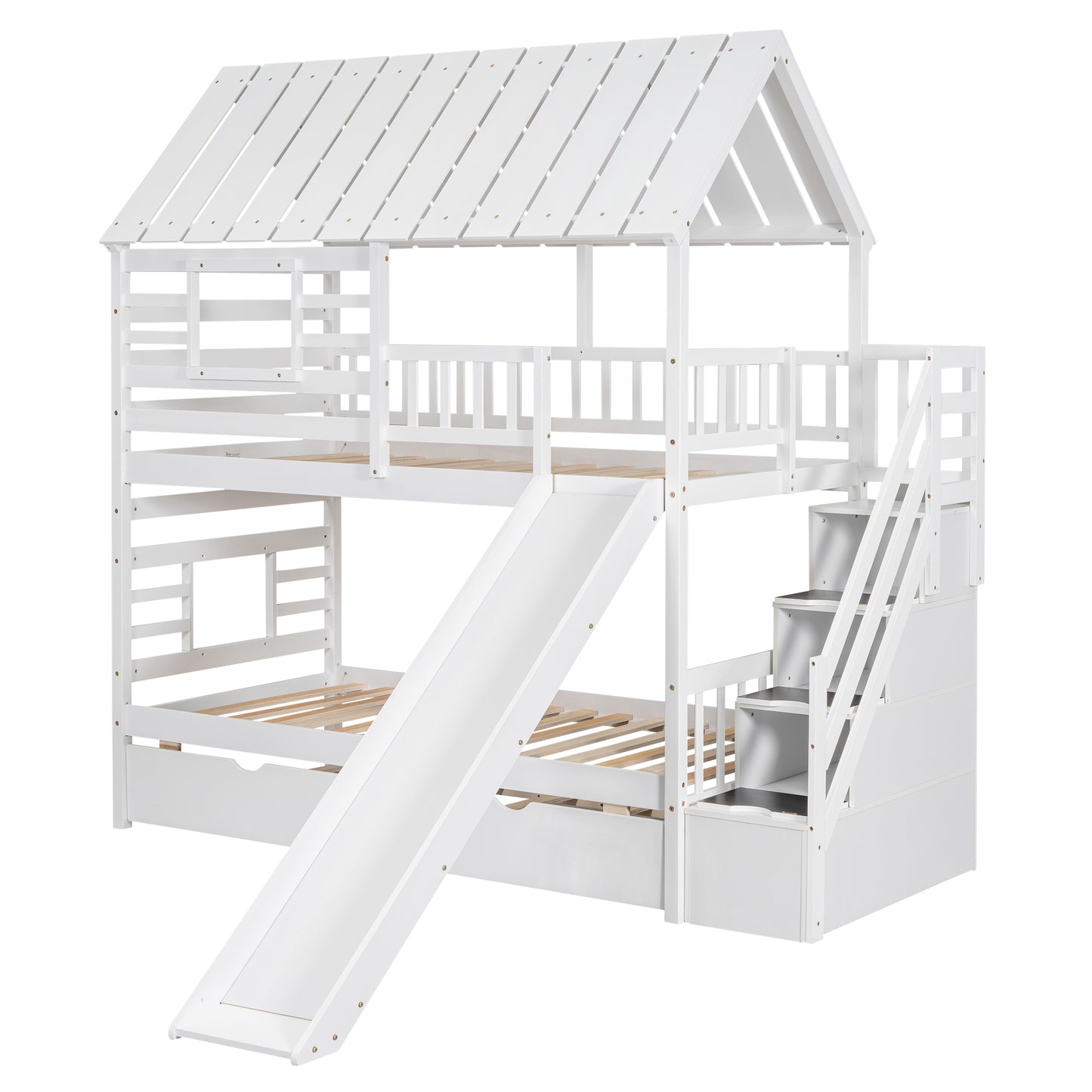 Twin over Twin House Bunk Bed with Trundle and Slide Storage White