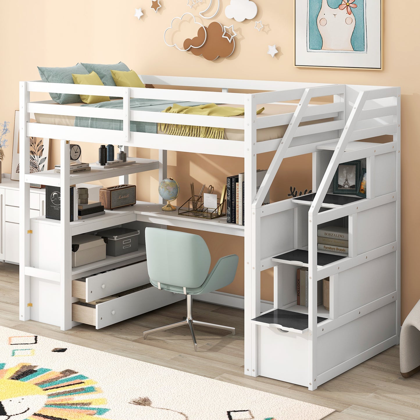 Twin Size Loft Bed with Desk and Shelves White