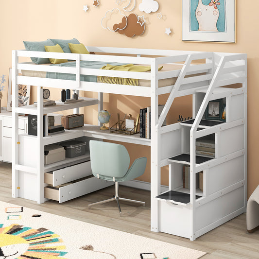 Twin Size Loft Bed with Desk and Shelves White