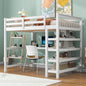 Full Size Loft Bed with Storage Shelves and Under-bed Desk  White