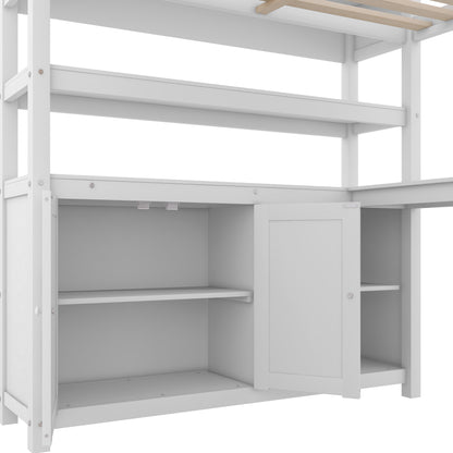Full Size Bed Loft with Wardrobe and Desk for Kids,White