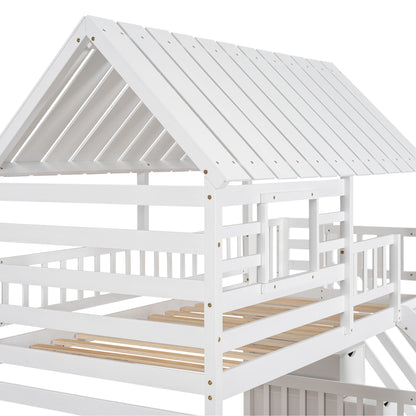 Twin over Twin House Bunk Bed with Trundle and Slide Storage White