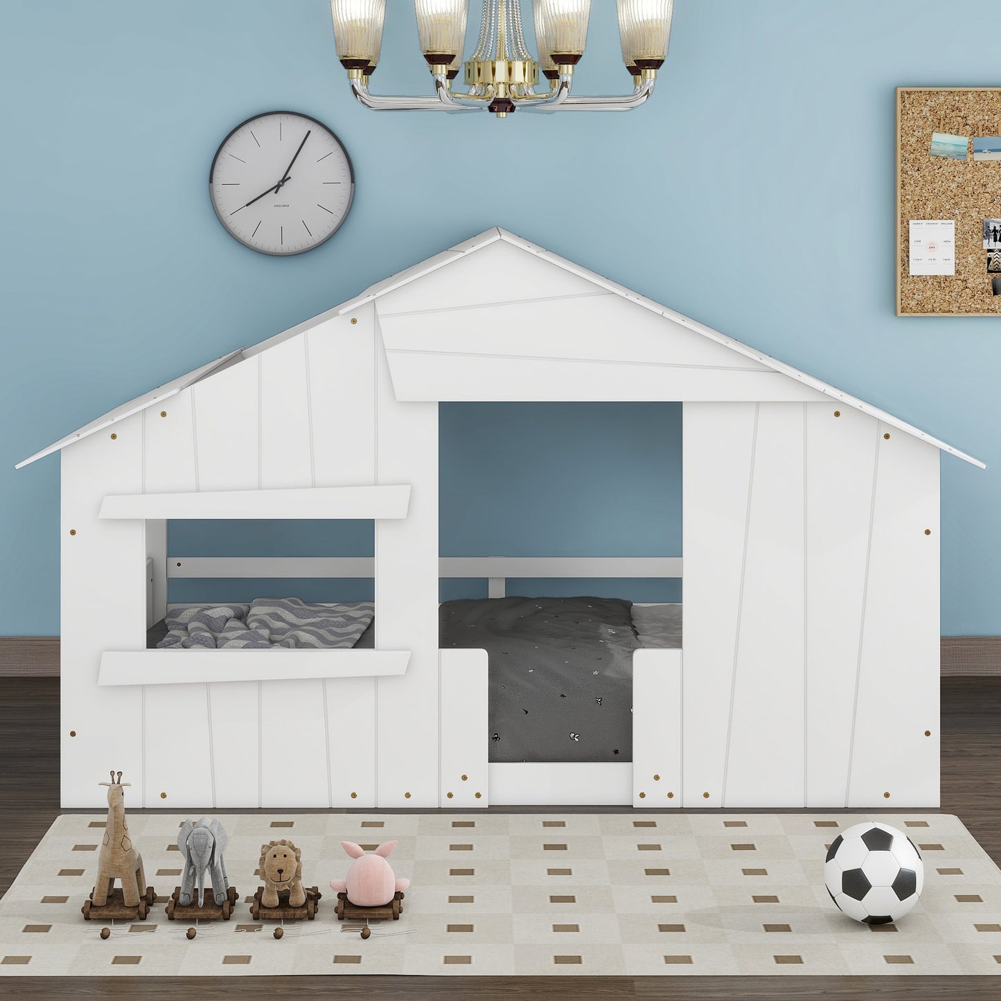 Wood Full Size House Bed with Roof,White