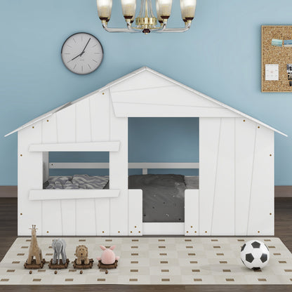 Wood Full Size House Bed with Roof,White