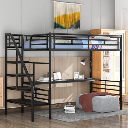 Metal Loft Bed Frame with Desk Black