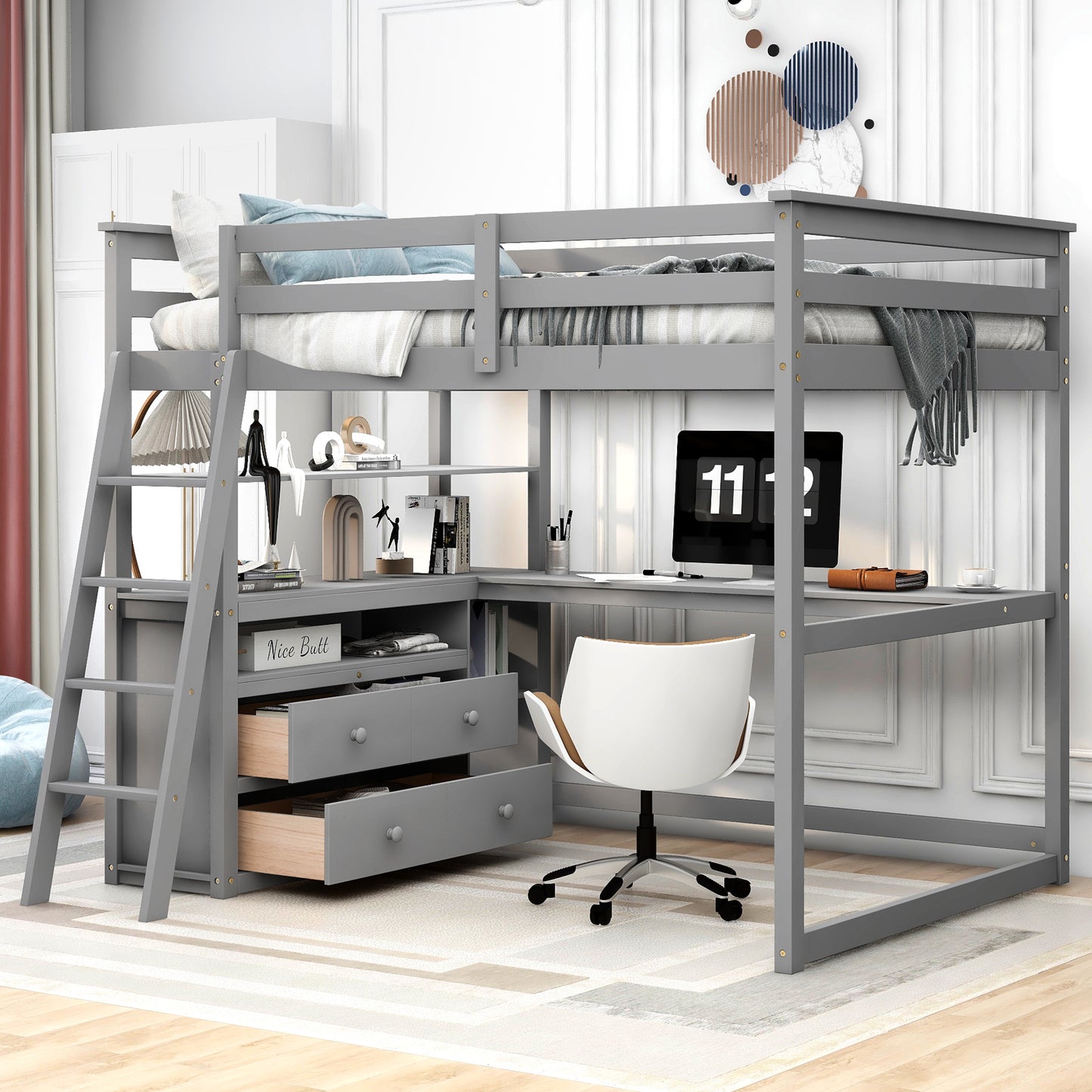 Full Size Loft Bed with Desk and Shelves Gray