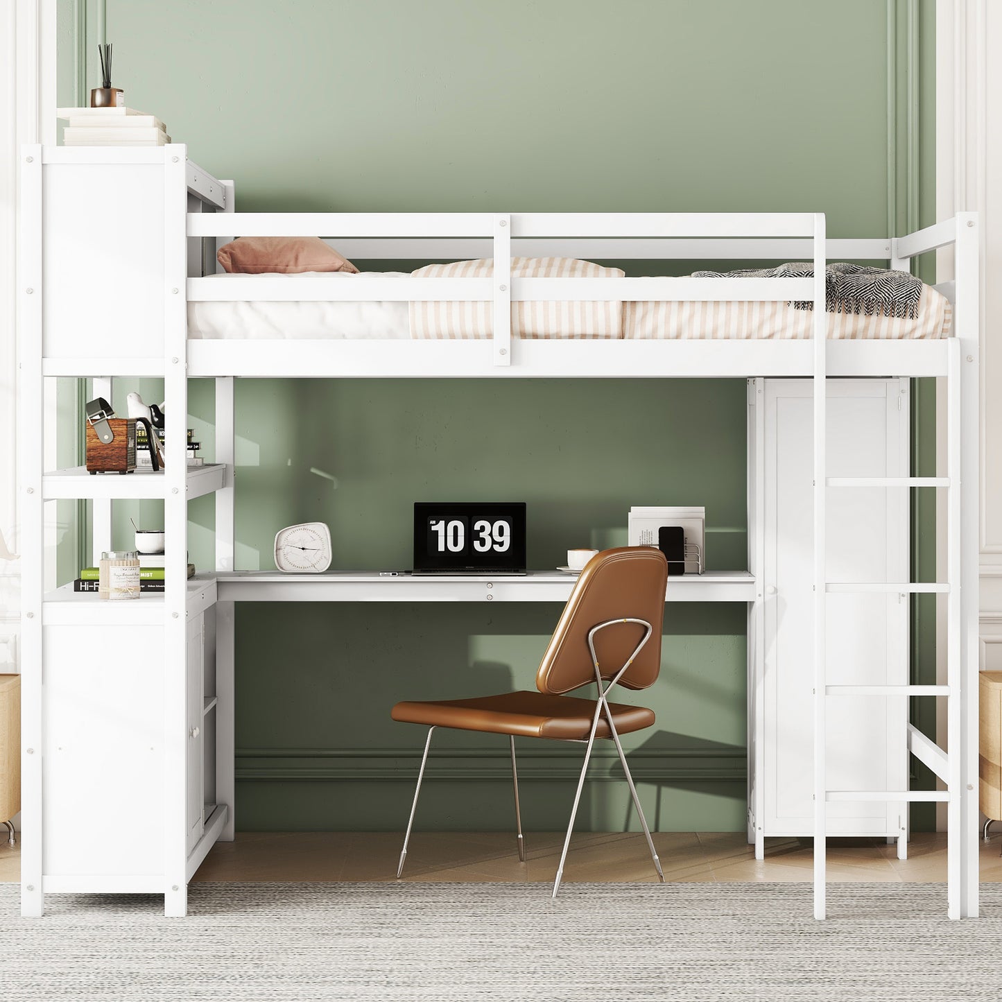 Full Size Bed Loft with Wardrobe and Desk for Kids,White