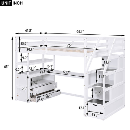 Twin Size Loft Bed with Desk and Shelves White