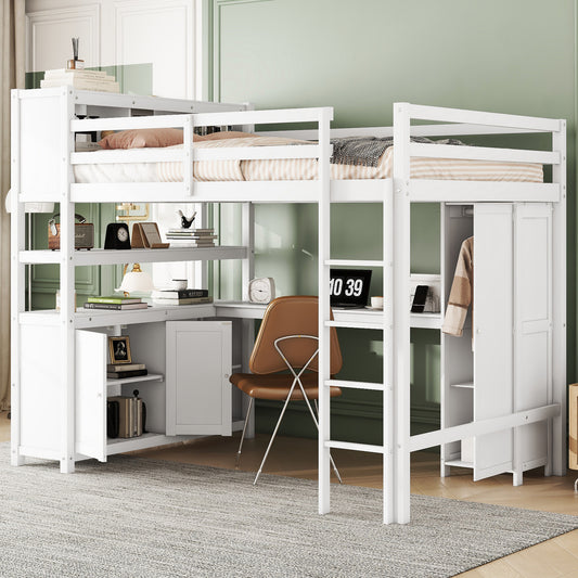 Full Size Bed Loft with Wardrobe and Desk for Kids,White