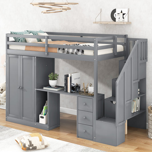 Twin Size Loft Bed with Wardrobe and Staircase  Gray
