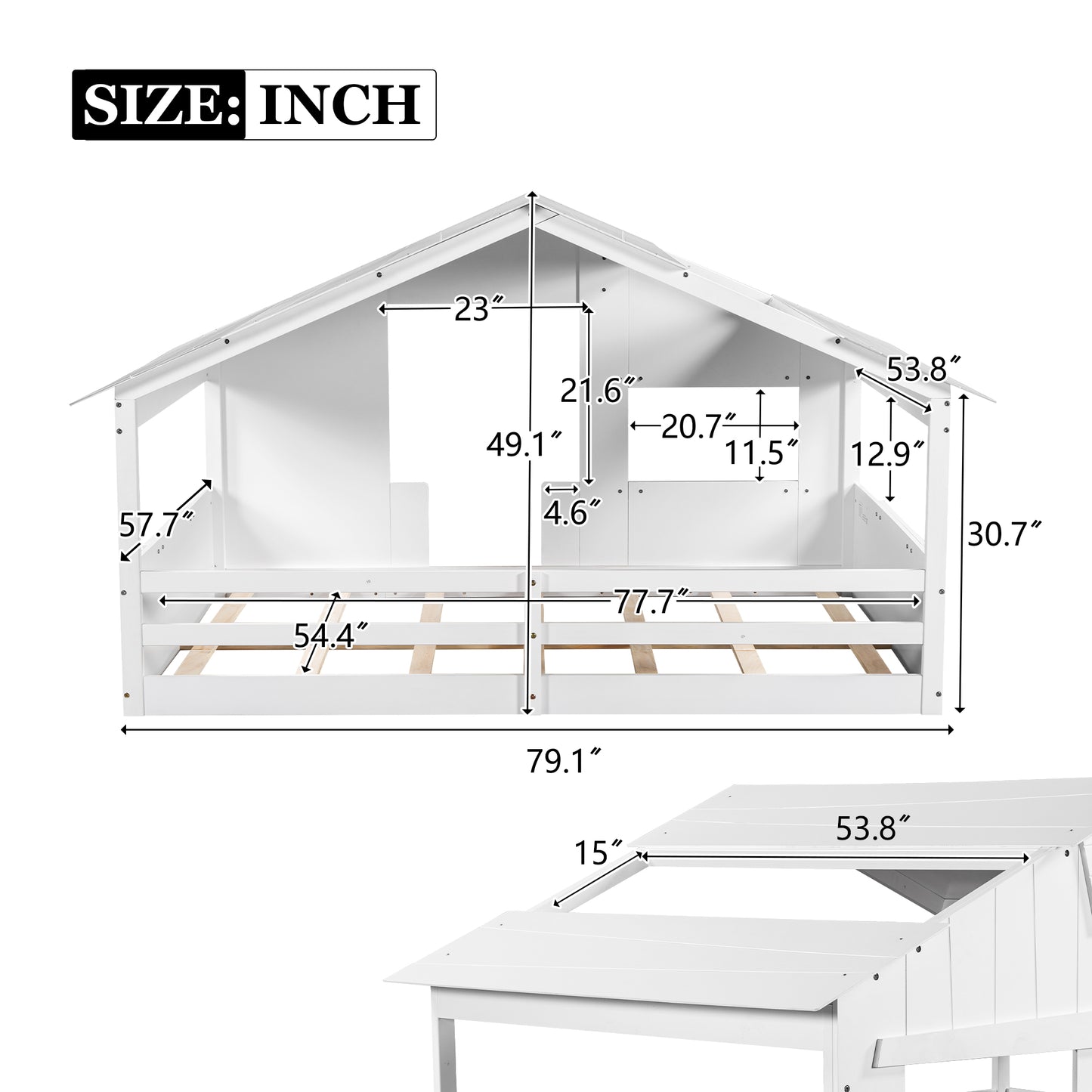 Wood Full Size House Bed with Roof,White