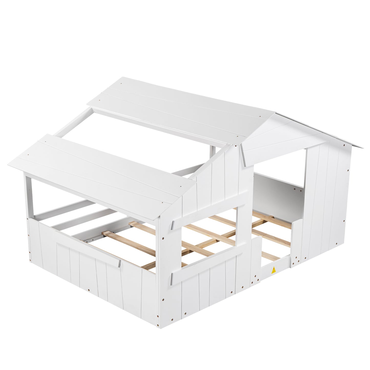 Wood Full Size House Bed with Roof,White