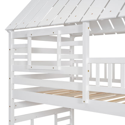 Twin over Twin House Bunk Bed with Trundle and Slide Storage White