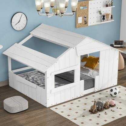 Wood Full Size House Bed with Roof,White
