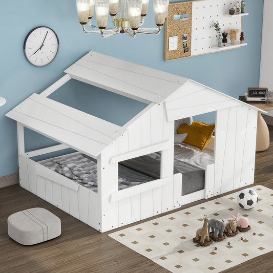 Wood Full Size House Bed with Roof,White
