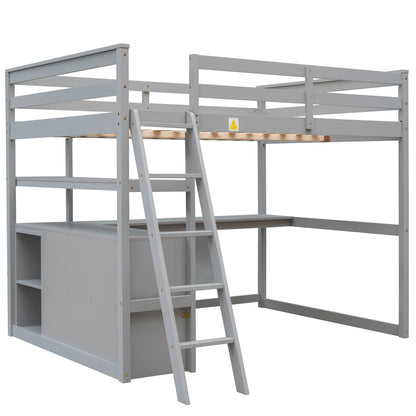 Full Size Loft Bed with Desk and Shelves Gray