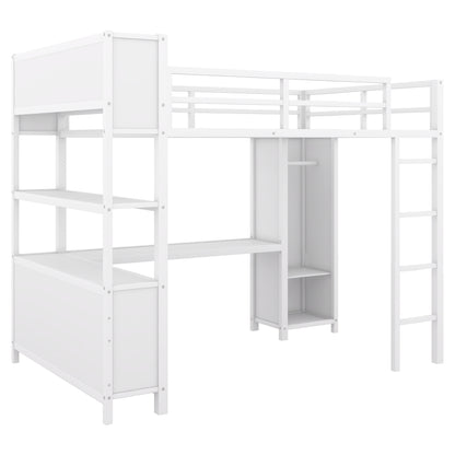 Metal loft bed with wardrobe and L-shaped desk white