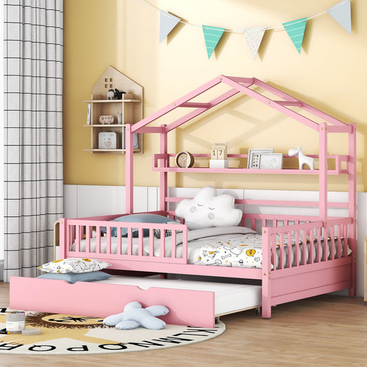 Wooden Full Size House Bed with Twin Size Pink
