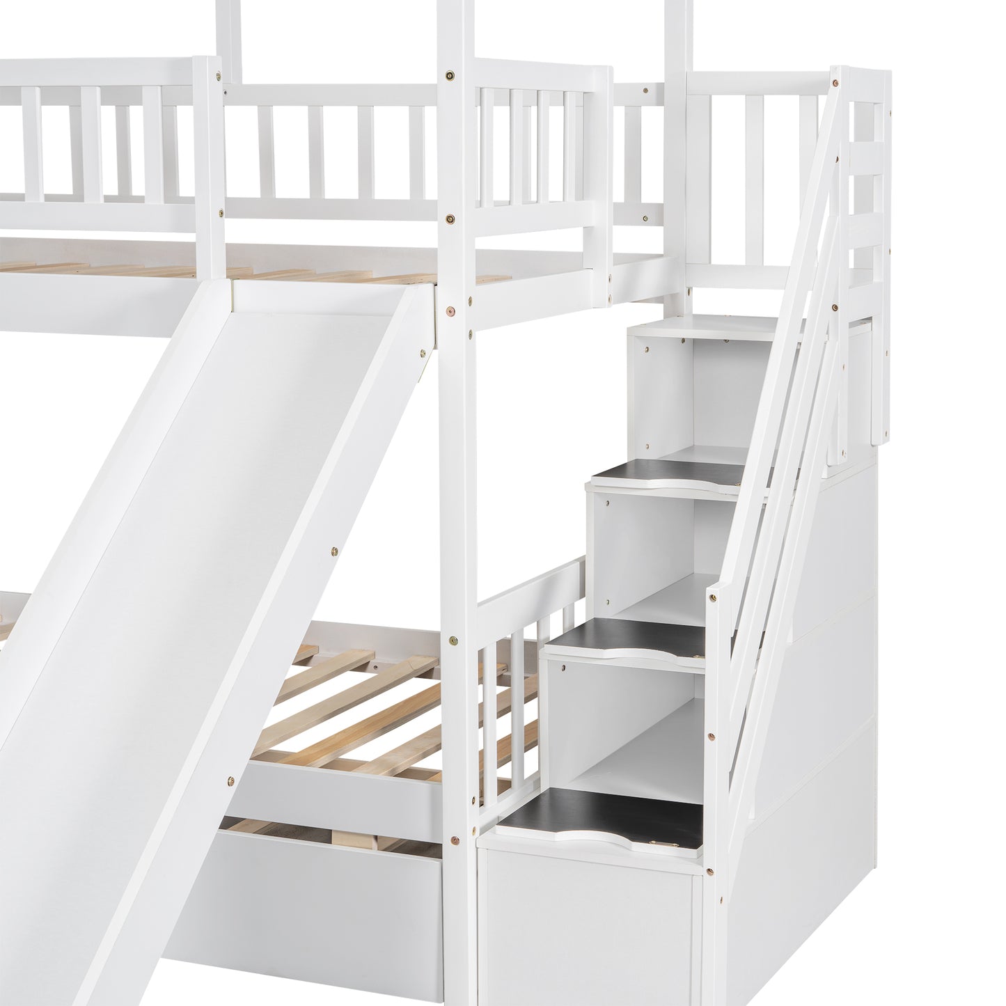 Twin over Twin House Bunk Bed with Trundle and Slide Storage White