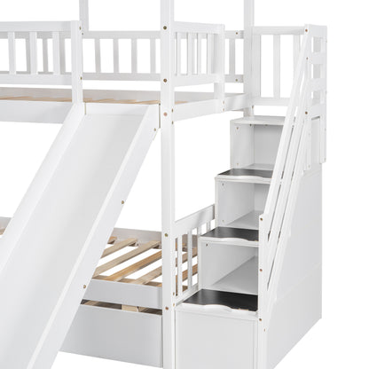 Twin over Twin House Bunk Bed with Trundle and Slide Storage White