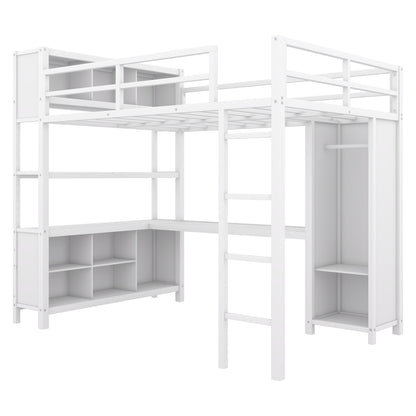 Metal loft bed with wardrobe and L-shaped desk white