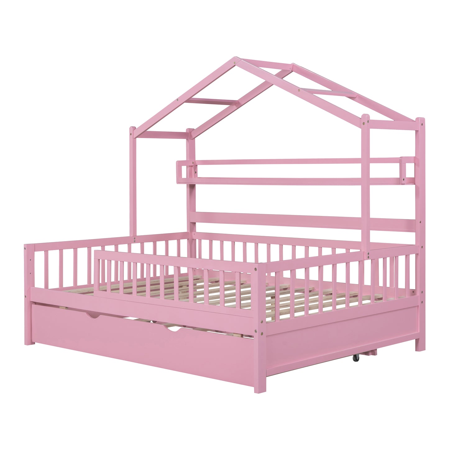 Wooden Full Size House Bed with Twin Size Pink