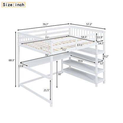 Full Size Loft Bed with Storage Shelves and Under-bed Desk  White