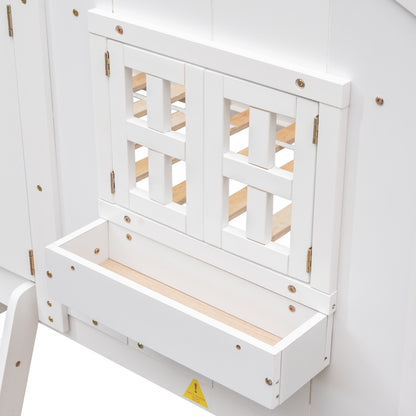 Twin House Bunk Bed with Roof, White