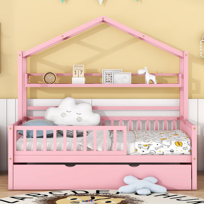 Wooden Full Size House Bed with Twin Size Pink