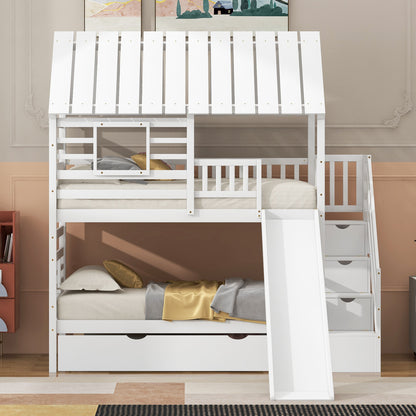 Twin over Twin House Bunk Bed with Trundle and Slide Storage White