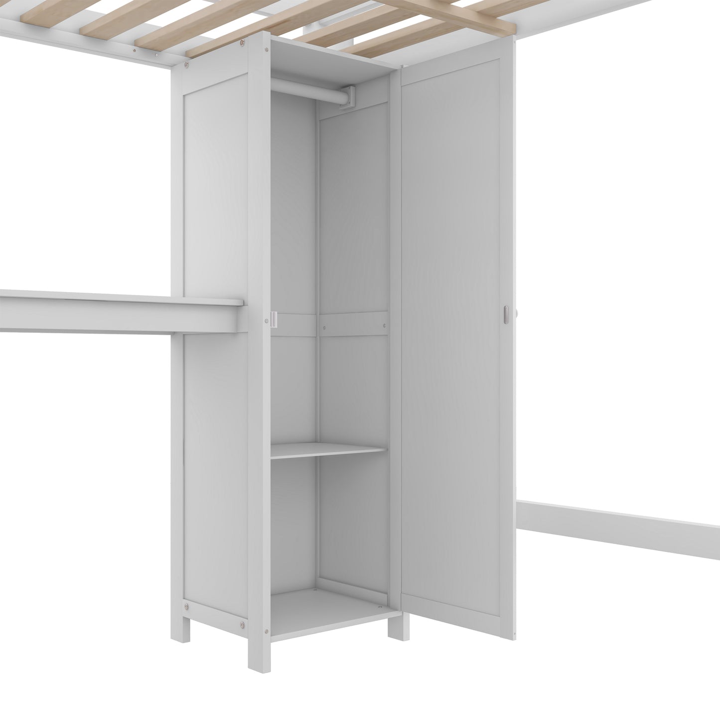 Full Size Bed Loft with Wardrobe and Desk for Kids,White