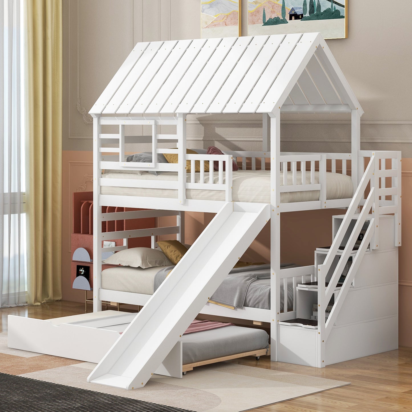 Twin over Twin House Bunk Bed with Trundle and Slide Storage White