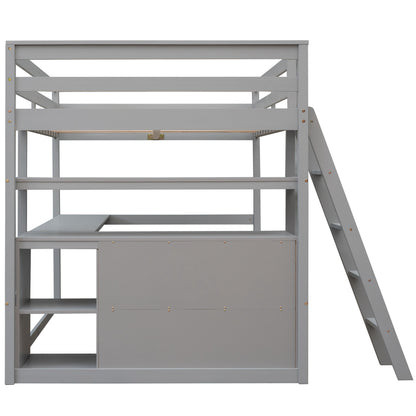 Full Size Loft Bed with Desk and Shelves Gray